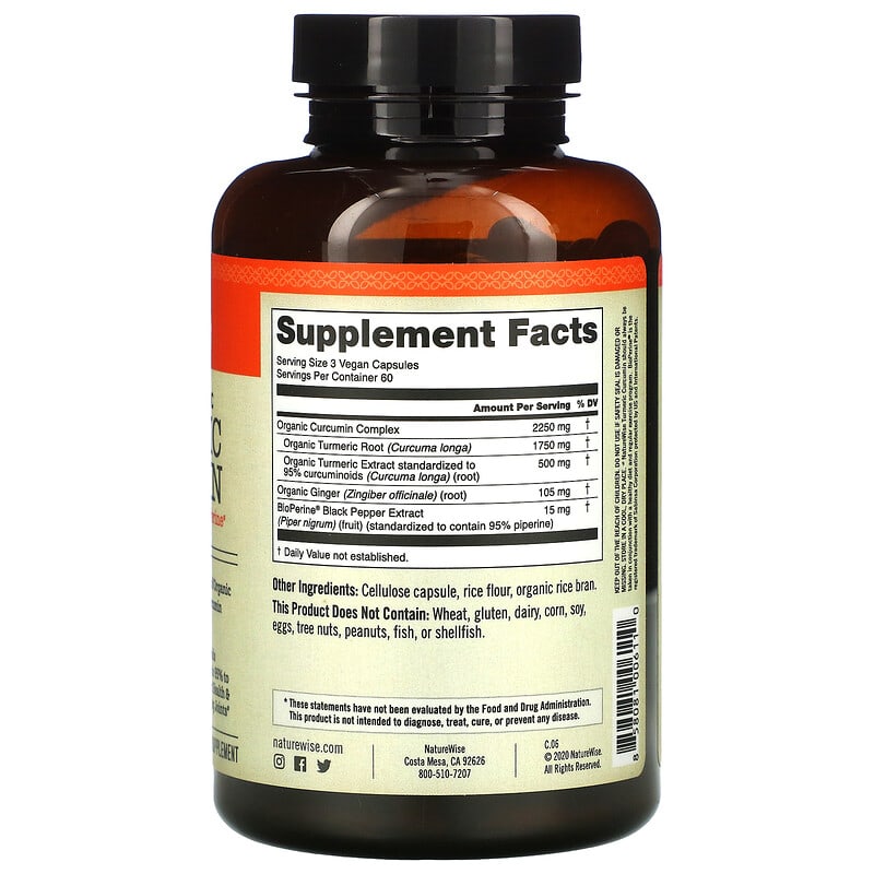NatureWise, Organic Turmeric Curcumin, 180 Vegan Capsules 858081006110