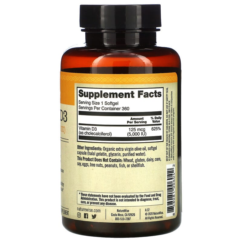 NatureWise, Vitamin D3, 125 mcg (5,000 IU), 360 Softgels 858081006042