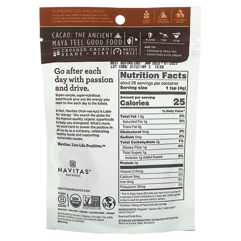 Navitas Organics, Organic Cacao Sweet Nibs, 4 oz (113 g) 858847000321