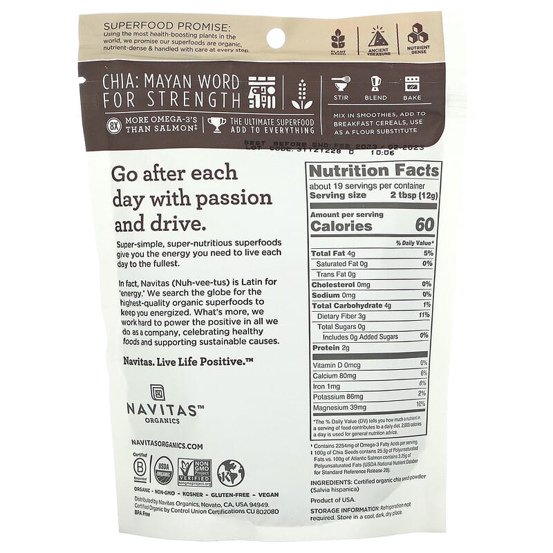 Navitas Organics, Organic Chia Powder, 8 oz (227 g) 858847000369