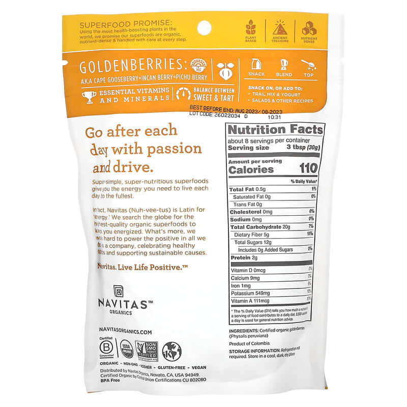 Navitas Organics, Organic Golden Berries, 8 oz (227 g) 858847000895