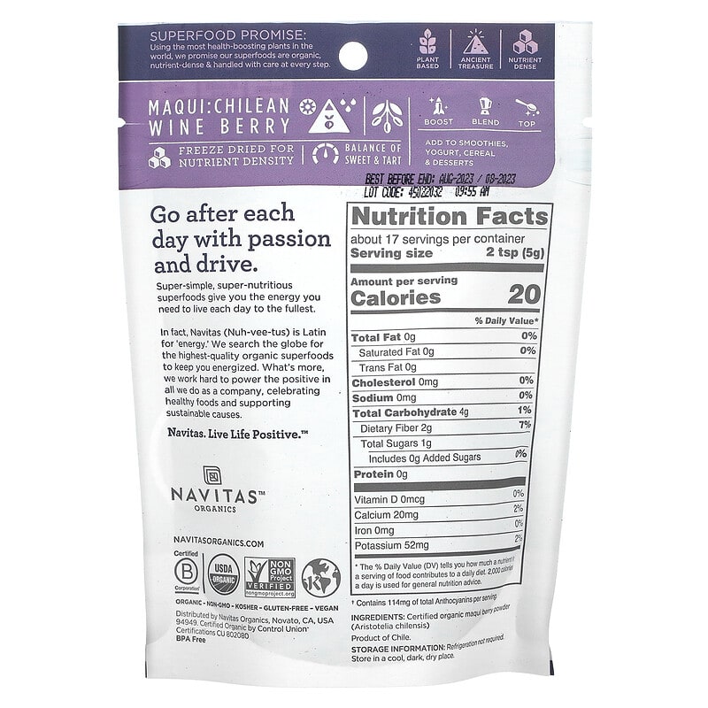 Navitas Organics, Organic Maqui Powder, Tart Berry, 3 oz (85 g) 858847000642