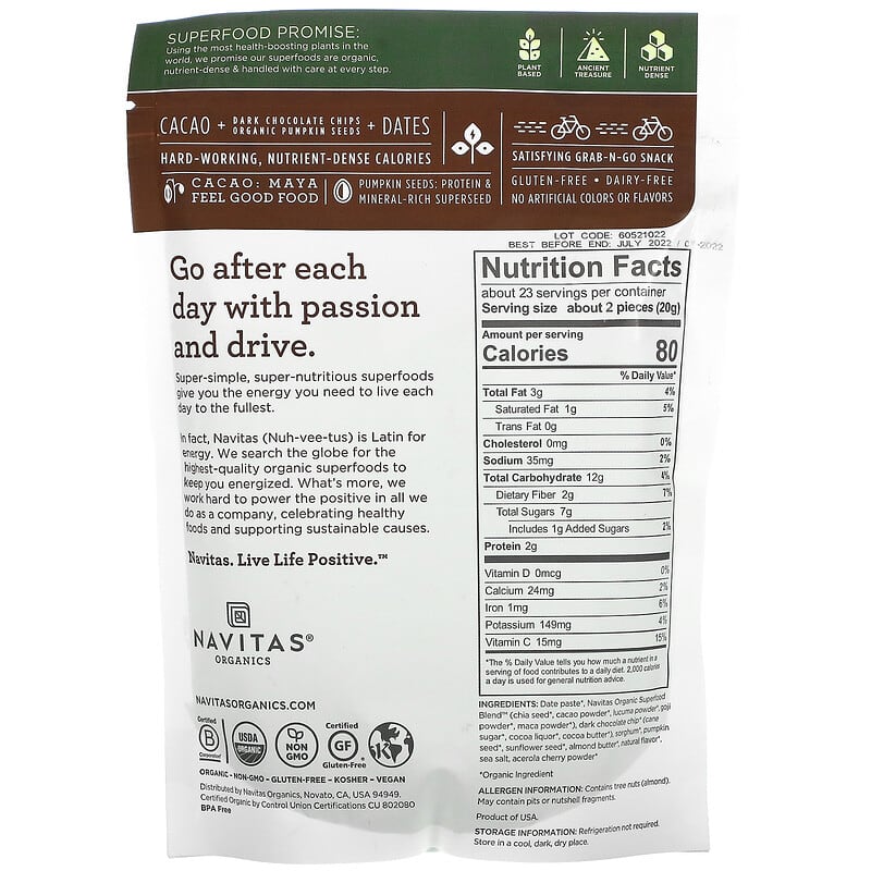 Navitas Organics, Organic Power Snacks, Chocolate Cacao, 16 oz (454 g) 811961022013