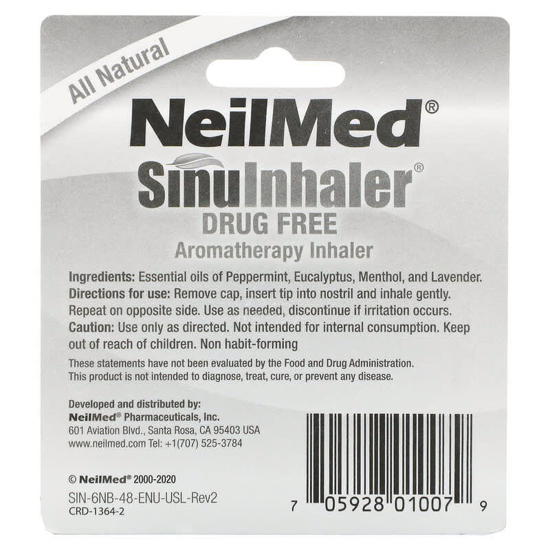 NeilMed, SinuInhaler, Aromatherapy Inhaler, Drug Free, 2 Inhalers, 0.014 oz (0.4 g) 705928010079