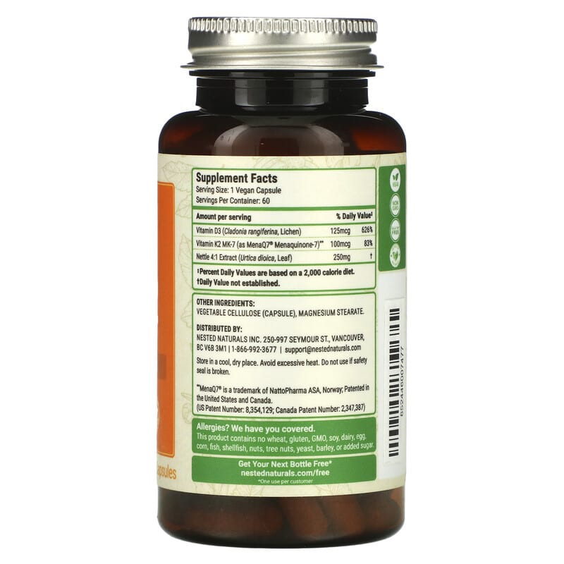 Nested Naturals, Vegan D3 + K2 plus Nettle Leaf, 60 Vegan Capsules 852446007477
