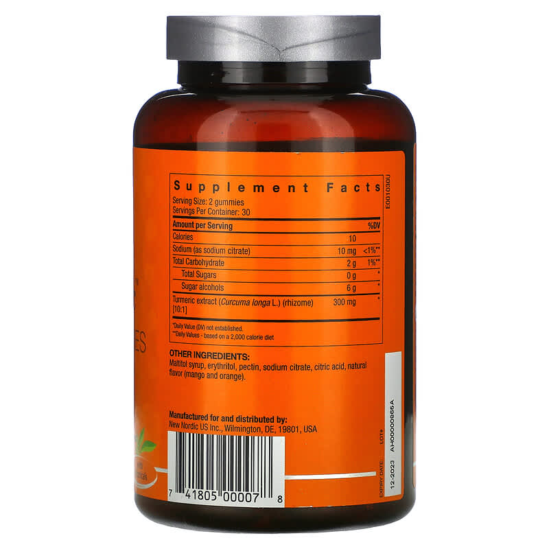 New Nordic US Inc, Turmeric Vegan Gummies with Curcuma Extract, Mango-Orange, 60 Gummies 741805000078