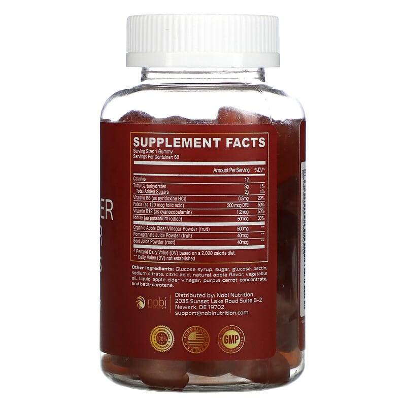 Nobi Nutrition, Premium Apple Cider Vinegar Gummies with The Mother, Apple, 60 Gummies 850018274234