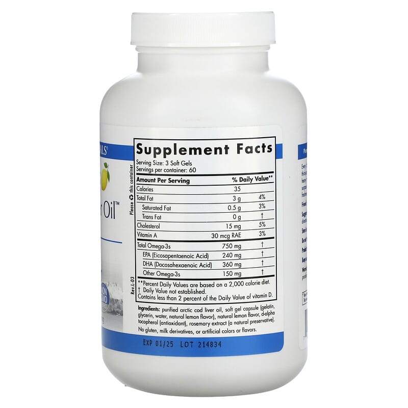 Nordic Naturals, Arctic Cod Liver Oil, Lemon, 1,000 mg, 180 Softgels 768990578847