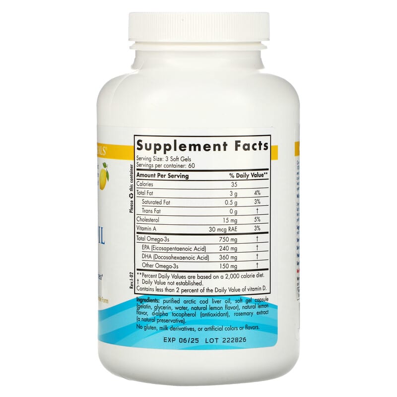 Nordic Naturals, Arctic Cod Liver Oil, Lemon, 250 mg, 180 Soft Gels 768990578854