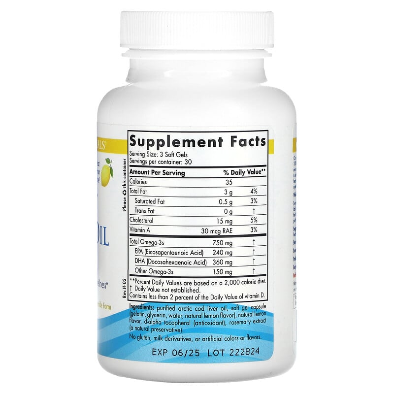 Nordic Naturals, Arctic Cod Liver Oil, Lemon, 250 mg, 90 Soft Gels 768990577857