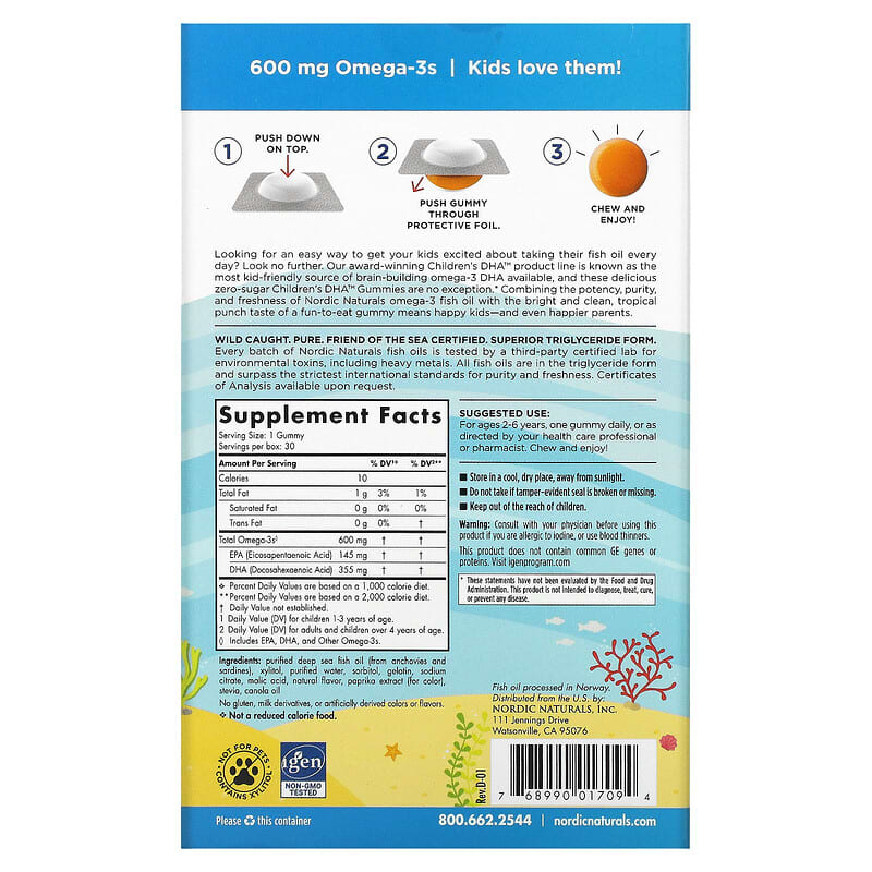 Nordic Naturals, Children's DHA Gummies, Ages 2-6, Tropical Punch, 600 mg, 30 Gummies 768990017094