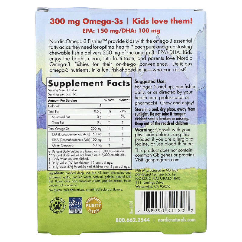 Nordic Naturals, Nordic Omega-3 Fishies, For Ages 2+, Yummy Tutti Frutti Taste, 300 mg, 36 Fishies 768990311307