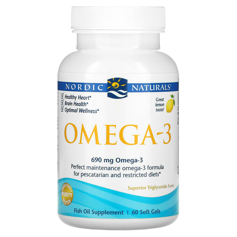 Nordic Naturals, Omega-3, Lemon, 345 mg, 60 Fish Gelatin Soft Gels 768990417603