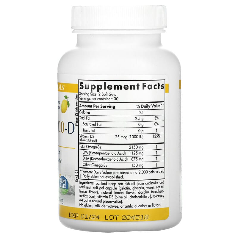 Nordic Naturals, ProOmega 2000-D, Lemon, 1250 mg, 60 Soft Gels 768990121340