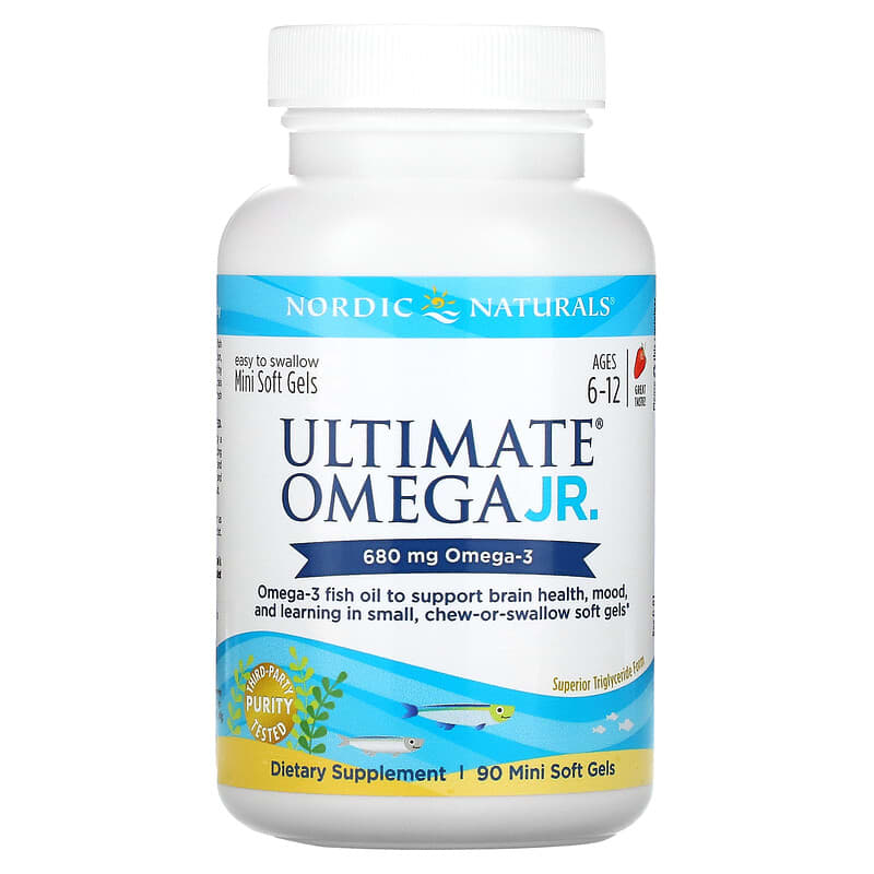 Nordic Naturals, Ultimate Omega Junior,  Ages 6-12, Strawberry, 340 mg, 90 Mini Soft Gels 768990017988