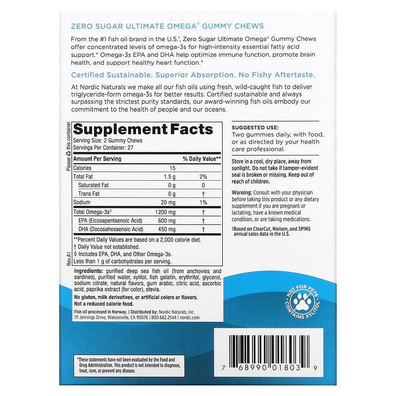 Nordic Naturals, Ultimate Omega, Tropical Fruit, 600 mg, 54 Gummy Chews 768990018039