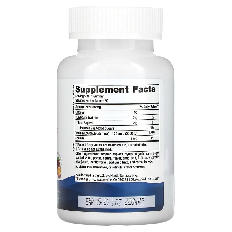Nordic Naturals, Vitamin D3 Gummies, Passion Fruit, 5000 IU (125 mcg), 30 Gummies 768990311529