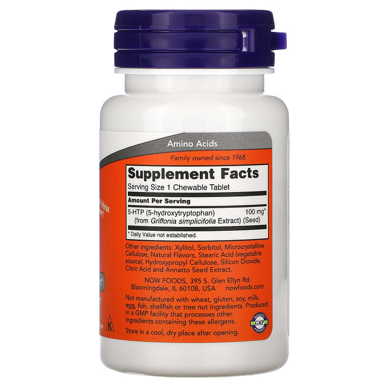 NOW Foods, 5-HTP, Natural Citrus Flavor, 100 mg, 90 Chewables 733739001092