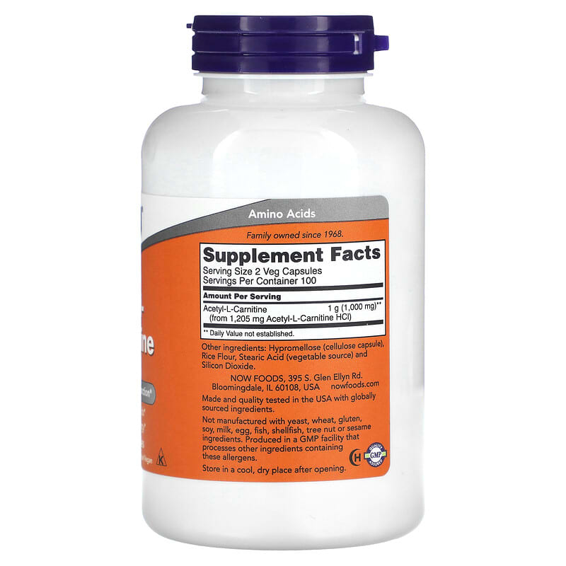 NOW Foods, Acetyl-L-Carnitine, 500 mg, 200 Veg Capsules 733739000842