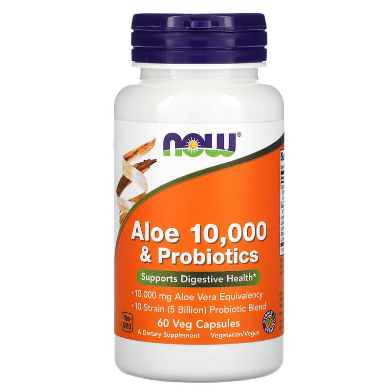 NOW Foods Aloe 10,000 & Probiotics 60 Veg Capsules 733739030290