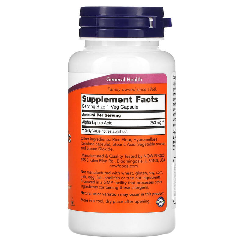 NOW Foods, Alpha Lipoic Acid, 250 mg, 60 Veg Capsules 733739030429