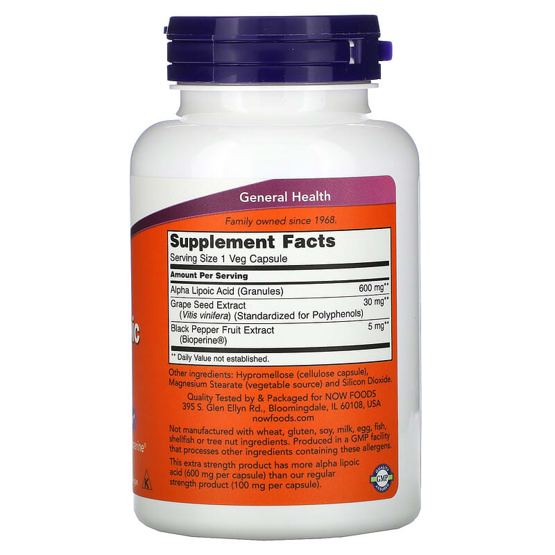NOW Foods, Alpha Lipoic Acid, Extra Strength, 600 mg, 120 Veg Capsules 733739030450
