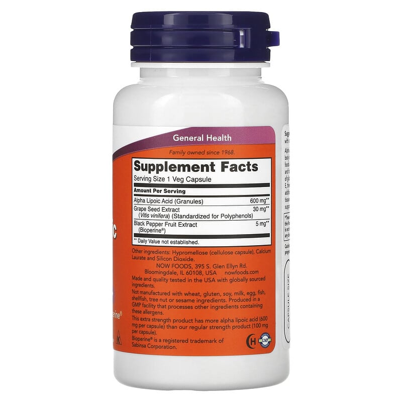 NOW Foods, Alpha Lipoic Acid, Extra Strength, 600 mg, 60 Veg Capsules 733739030467