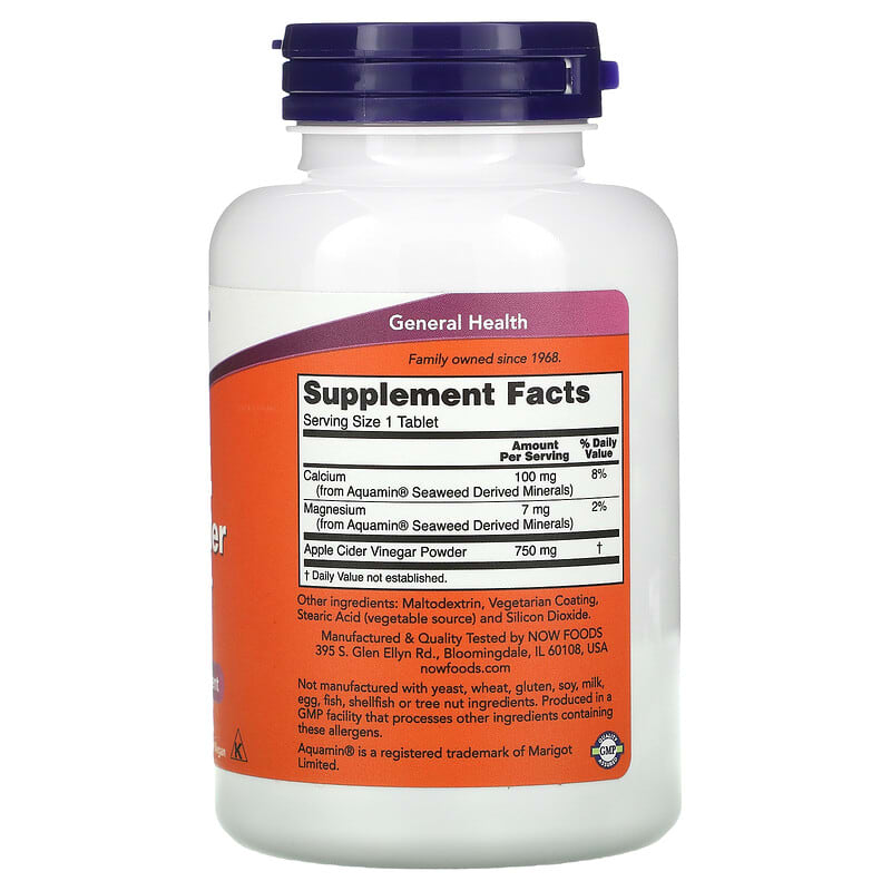 NOW Foods, Apple Cider Vinegar, Extra Strength, 750 mg, 180 Tablets 733739033765