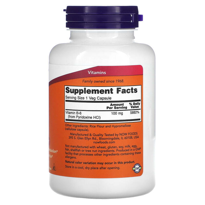 NOW Foods, B-6, 100 mg, 250 Veg Capsules 733739004581