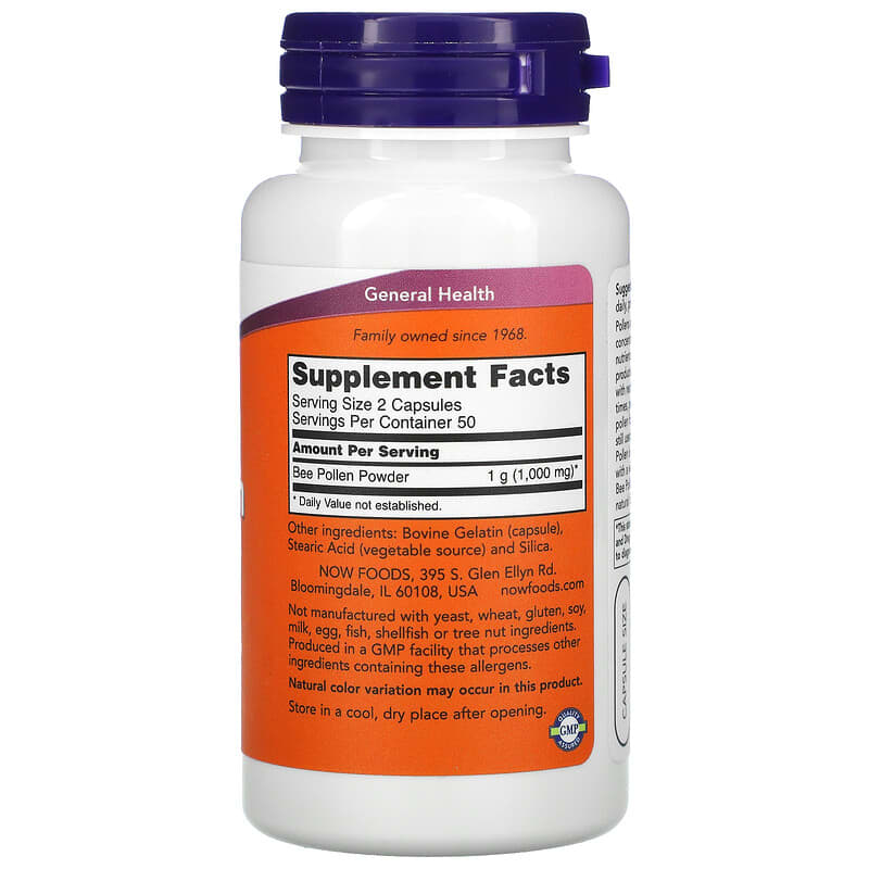 NOW Foods, Bee Pollen Caps, 500 mg, 100 Capsules 733739025203