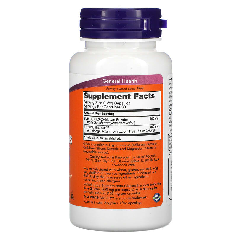 NOW Foods, Beta-Glucans, with ImmunEnhancer, Extra Strength, 250 mg, 60 Veg Capsules 733739030337