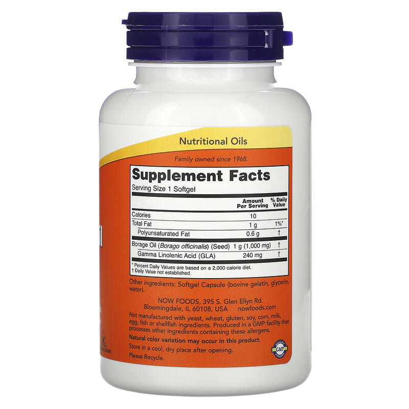 NOW Foods, Borage Oil, Concentration GLA, 1,000 mg, 60 Softgels 733739017208