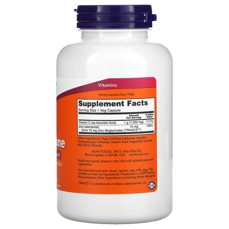 NOW Foods, C-1000 Zinc Immune , 180 Veg Capsules 733739006950