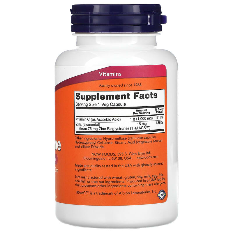NOW Foods, C-1000 Zinc Immune, Vitamin C, 1,000 mg  & Zinc, 15 mg , 90 Veg Capsules 733739006943