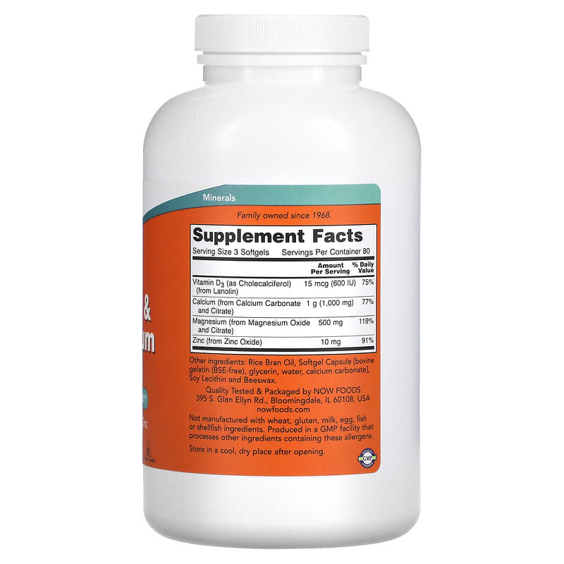 NOW Foods, Calcium & Magnesium with Vitamin D-3 and Zinc, 240 Softgels 733739012524