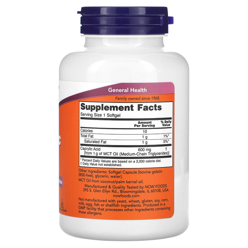 NOW Foods, Caprylic Acid, 600 mg, 100 Softgels 733739033475