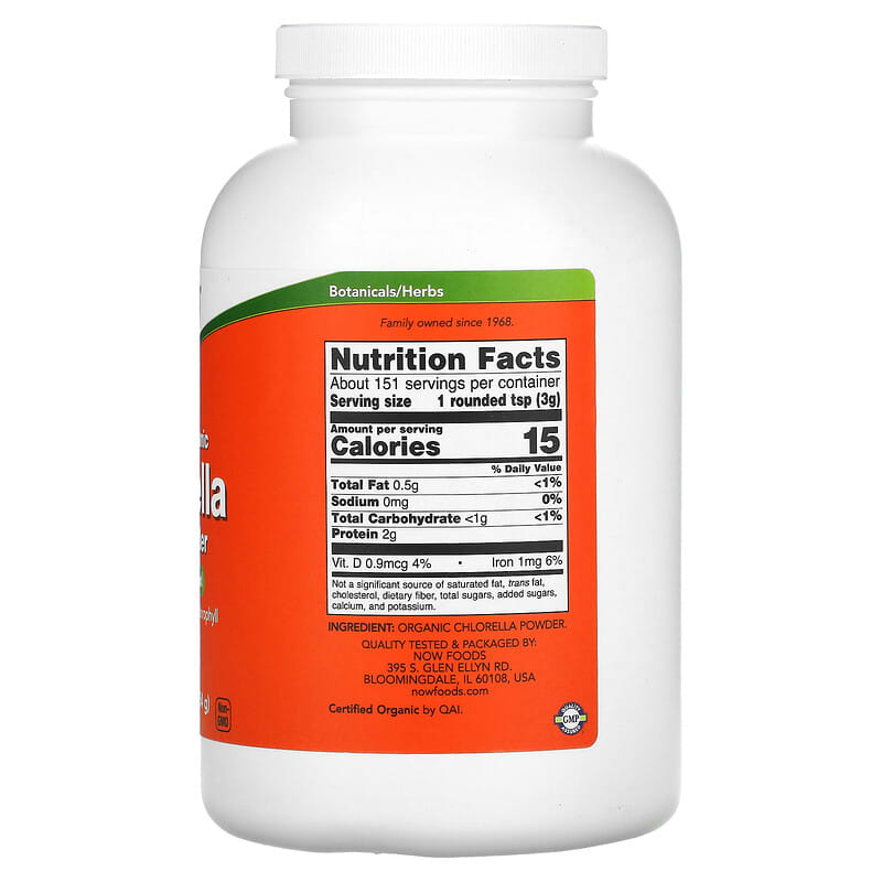 NOW Foods, Certified Organic Chlorella, Pure Powder, 1 lb (454 g) 733739026385