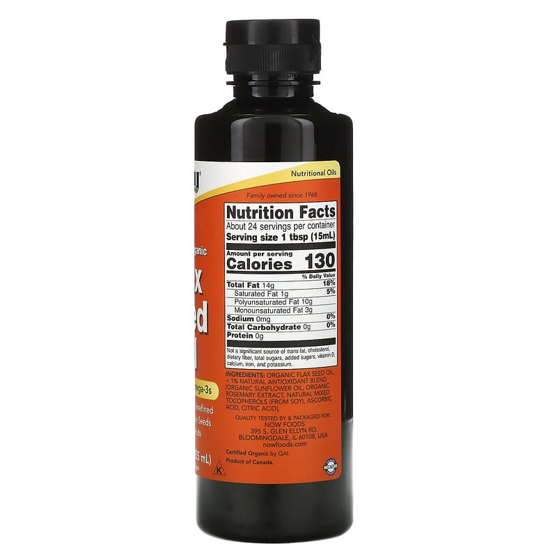 NOW Foods, Certified Organic, Flax Seed Oil, 12 fl oz (355 ml) 733739017604