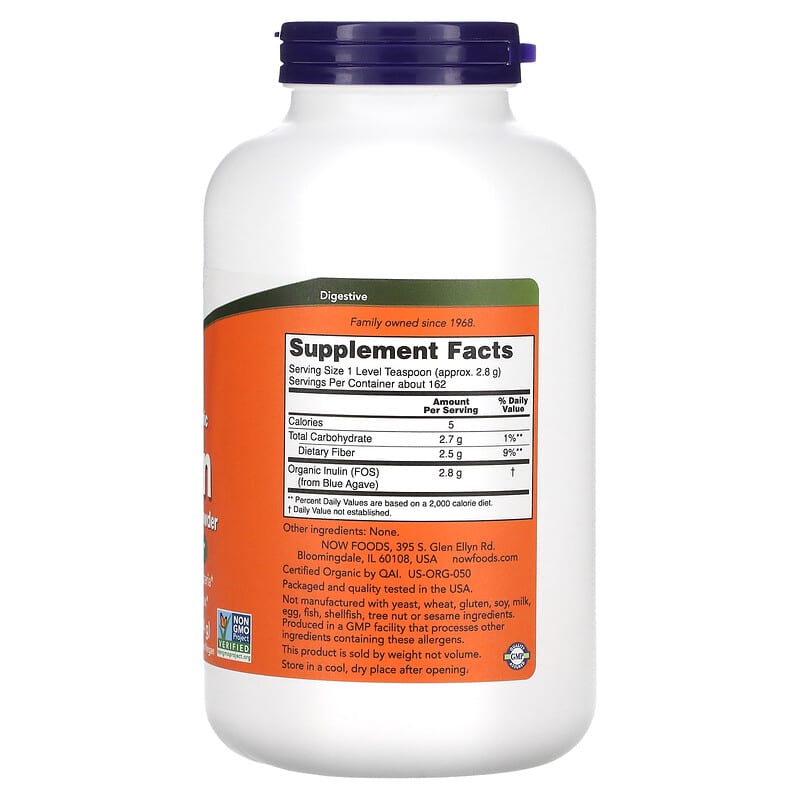 NOW Foods, Certified Organic Inulin, Prebiotic Pure Powder, 1 lb (454 g) 733739029515