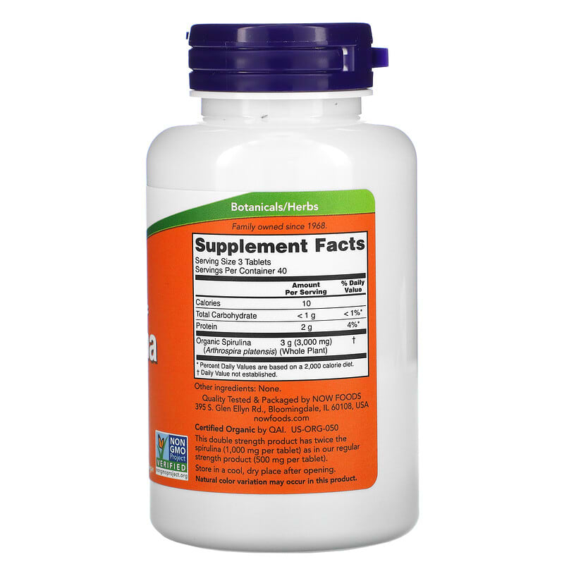 NOW Foods, Certified Organic, Spirulina, 1,000 mg, 120 Tablets 733739027153