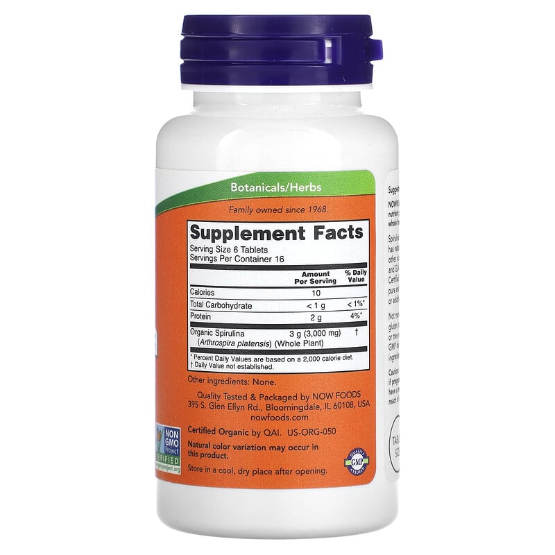 NOW Foods, Certified Organic Spirulina, 500 mg, 100 Tablets 733739026965