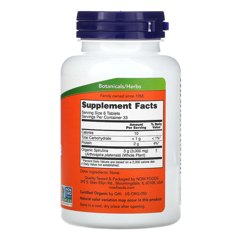 NOW Foods, Certified Organic Spirulina, 500 mg, 200 Tablets 733739026989