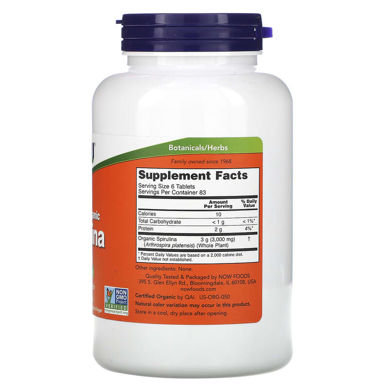 NOW Foods, Certified Organic Spirulina, 500 mg, 500 Tablets 733739027009