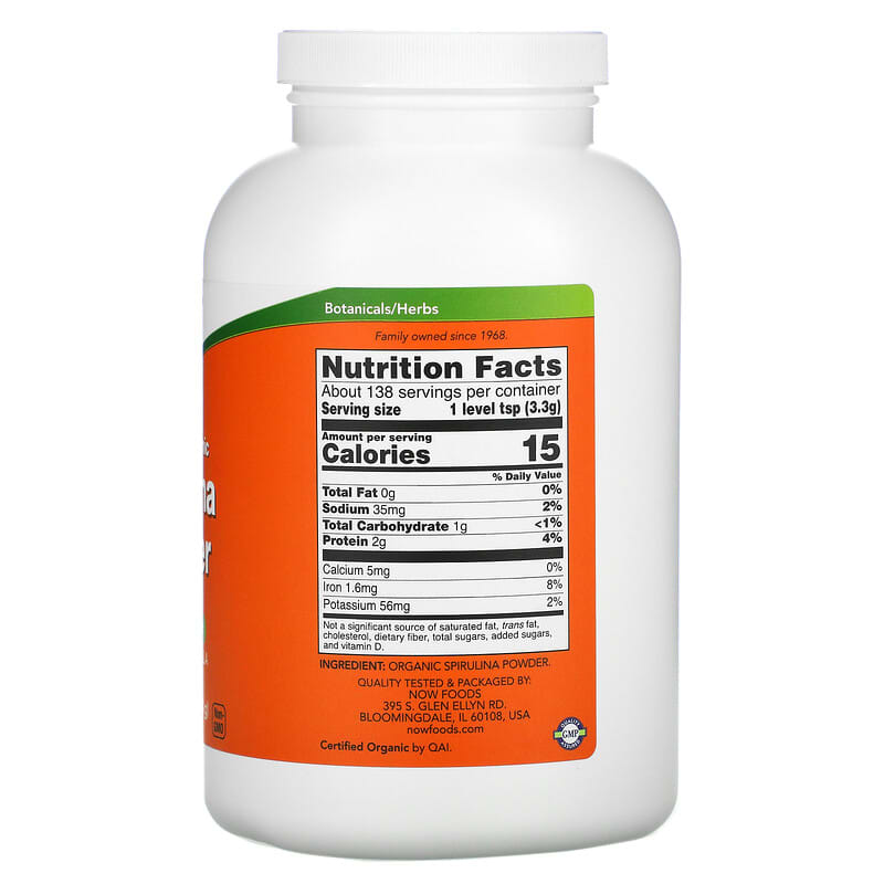NOW Foods, Certified Organic Spirulina Powder, 1 lb (454 g) 733739027146
