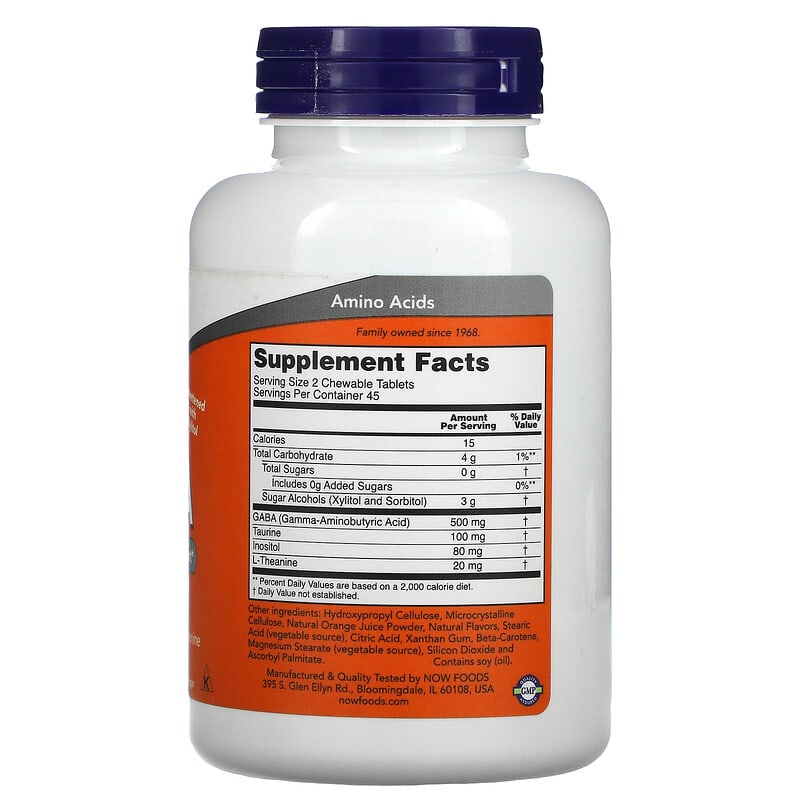NOW Foods, Chewable GABA, Natural Orange Flavor, 90 Chewables 733739000828