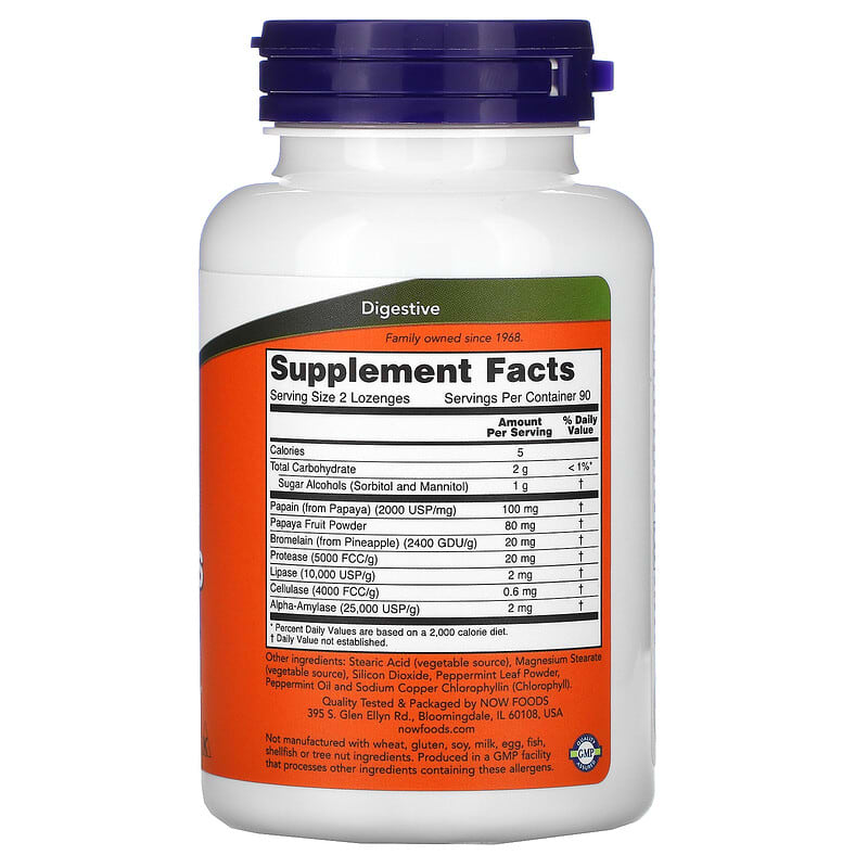 NOW Foods, Chewable Papaya Enzymes, 180 Lozenges 733739029706