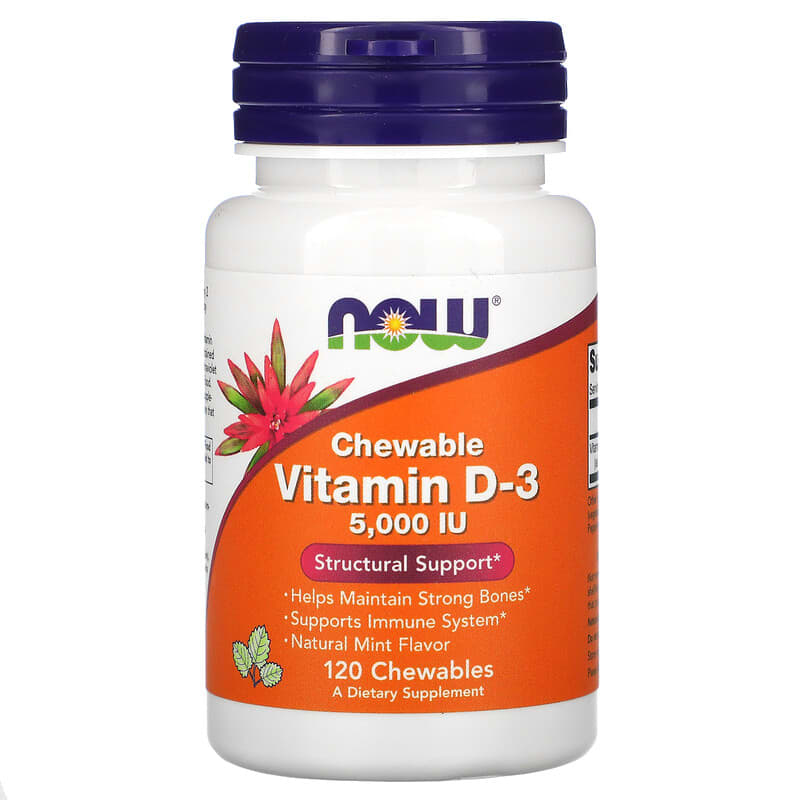 NOW Foods Chewable Vitamin D-3 Natural Mint 5,000 IU 120 Chewables 733739003584