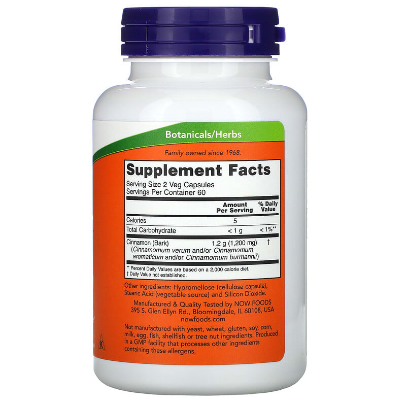 NOW Foods, Cinnamon Bark, 600 mg, 120 Veg Capsules 733739046369