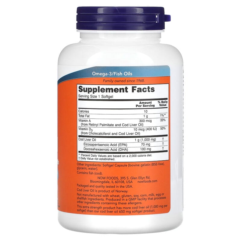 NOW Foods, Cod Liver Oil, 1,000 mg, 180 Softgels 733739017444