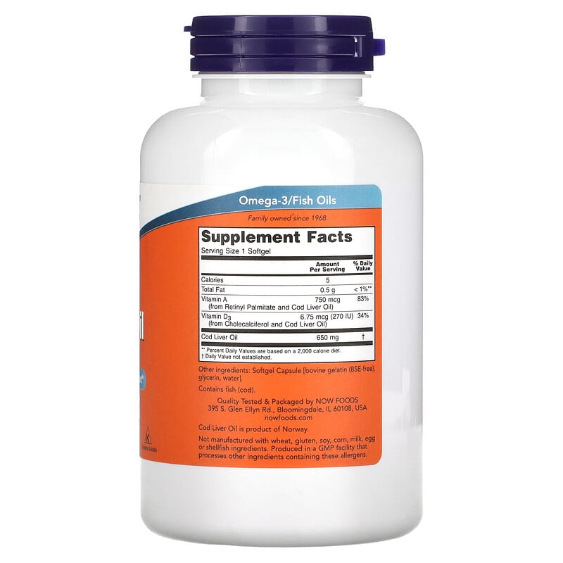 NOW Foods, Cod Liver Oil, 650 mg, 250 Softgels 733739017420